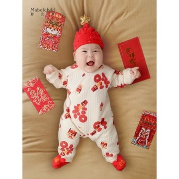 妙貝親秋冬三層夾絲新生嬰兒連體衣保暖紅色滿月服哈衣寶寶拜年服