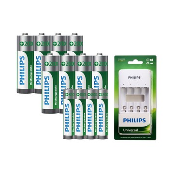 PHILIPS 低自放鎳氫充電電池3號8入+4號4入(贈USB智慧型充電器)