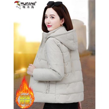啄木鳥加絨棉衣女冬季2025新款中年媽媽時尚加厚保暖連帽棉襖外套