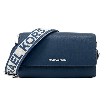 MICHAEL KORS JET SET ITEM織紋寬帶皮革翻蓋斜背包-深藍