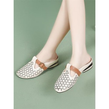 包頭半拖鞋女粗跟低跟夏季時尚外穿2024新款百搭鏤空真皮平底涼拖