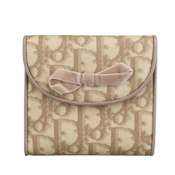 展示品 Christian DIOR 迪奧蝴蝶結經典滿版LOGO印花PVC短夾(米)