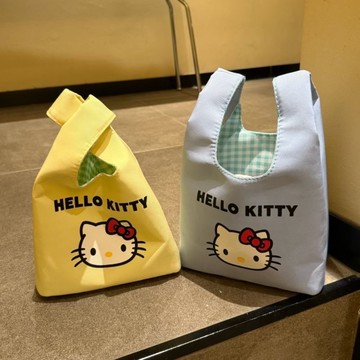 kitty手提包 新款卡通kitty印花手腕包輕便百搭外出手提包清新格子化妝包收納