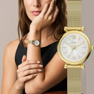 FOSSIL Carlie Mini 簡約大三針珍珠貝米蘭帶女錶 暑期質感選物 送禮首選-28mm ES5462
