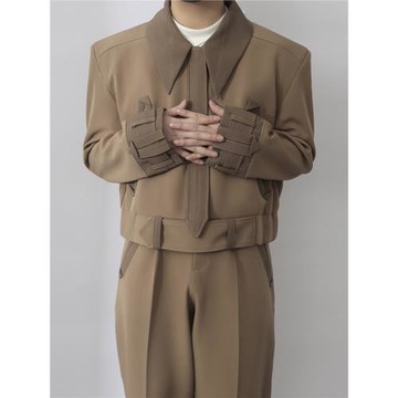 2024春季時尚痞帥工裝夾克男帥氣韓版休閑短款外套卡其色上衣套裝