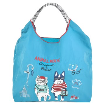 kUSUgURU JAPAN 日本眼鏡貓 手提包 環保袋日本刺繡尼龍購物袋 Animal Mode款  28 x 26 x 13cm  藍色