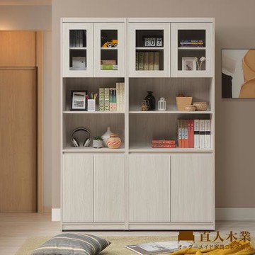 【直人木業】DA極簡風白榆木玻璃書櫃組140公分(落地款)