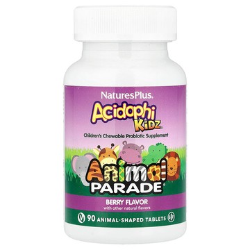 NaturesPlus, Animal Parade® AcidophiKidz®，兒童益生菌咀嚼片，漿果味，90 片動物狀片劑