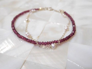 純銀石榴石小珍珠雙層手鍊 長度可訂製