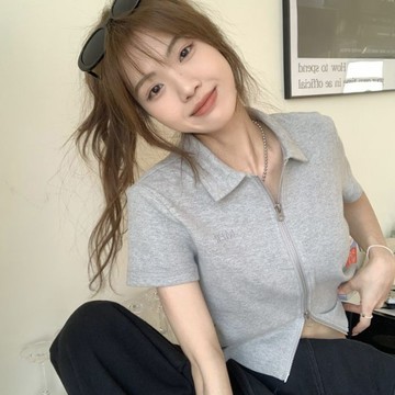 【林木木】短袖上衣 美式上衣 純欲風 拉鏈開衫上衣 短版上衣 夏季背心 辣妹上衣 翻領上衣 春夏上衣 修身上衣