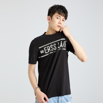銀箔時尚LOGO純棉圓領T恤(黑色)-男