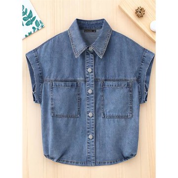 設計感復古翻領牛仔襯衫2025夏季新款寬松上衣寬松顯瘦短袖薄外套