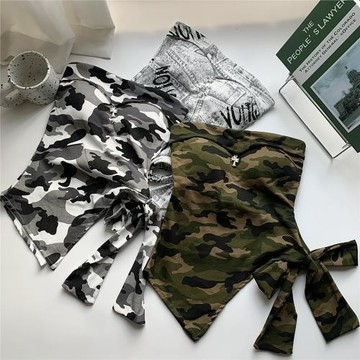 設計感辣妹帶胸墊抹胸背心女裝夏季迷彩印花復古裹胸外穿短款上衣