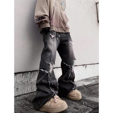 UUCSCC嘻哈潮牌破洞復古做舊長褲美式高街寬松拖地微喇叭牛仔褲男