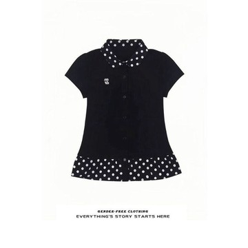 【WYZ】x韓系小狗刺繡學院風波點拼接娃娃領短袖襯衫女夏修身收腰顯瘦上衣
