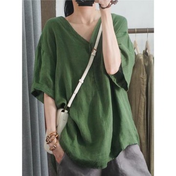 (免運)晨語 高品質純亞麻短袖t恤V領大碼寬松半袖休閑2025夏裝胖人女士