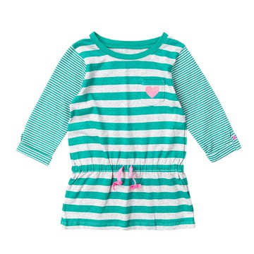 美國 Carter's - 愛心口袋橫條紋抽繩收腰長袖連身裙-綠灰