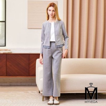 MYVEGA麥雪爾 MA真兩件式拼接格紋休閒長褲套裝-淺灰