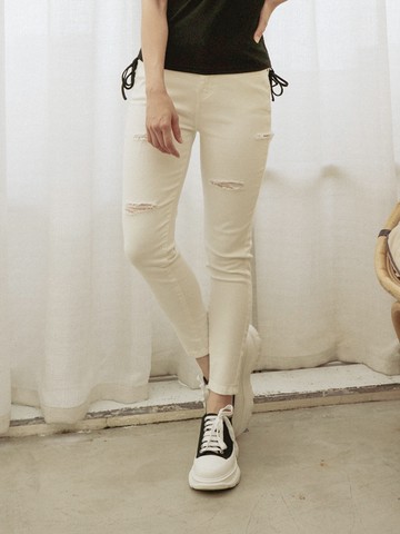 顯瘦鬆緊腰超彈力刷破牛仔長褲