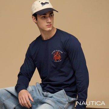 Nautica  男裝 趣味螃蟹圖騰刺繡長袖T恤-藍色