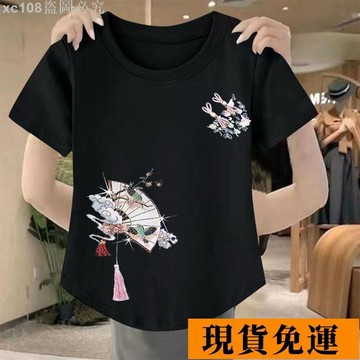 🚚限時免運下殺🚚 新中式國風短袖T恤女夏季小個子寬松體恤衫中老年遮肚子顯瘦上衣