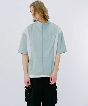 日系復古 拼色拉鏈短袖襯衫