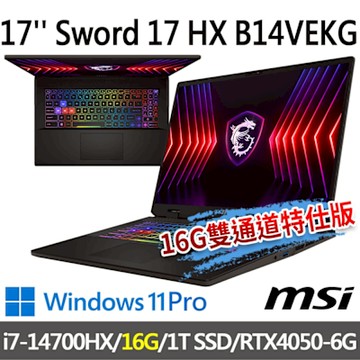 msi微星 Sword 17 HX B14VEKG-283TW 17吋 電競筆電 (i7-14700HX/16G/1T SSD/RTX4050-6G/Win11Pro-16G雙通道特仕版)