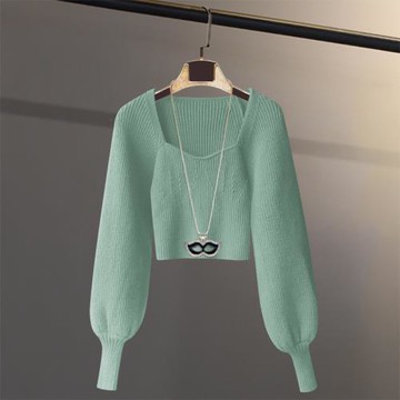 小眾復古燈籠袖針織衫毛衣女秋冬方領修身超短款高腰露臍打底上衣