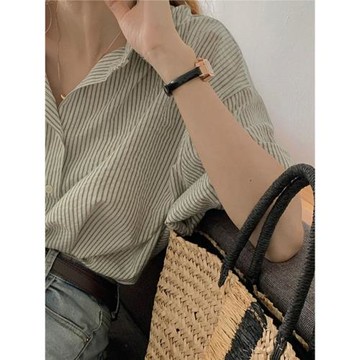 條紋襯衫女2025年夏季薄款小眾polo領短袖T恤法式襯衣高級感上衣