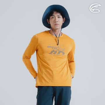 ADISI 男圓領圖騰雲彩紗透氣快乾保暖上衣(熊) AL2421036 杏黃 (S-2XL)｜磨毛 輕量 排汗 速乾 彈性