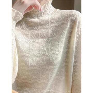 2024秋季新款優雅木耳蕾絲邊針織打底衫女減齡氣質半高領顯瘦毛衣
