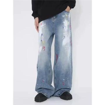 明星同款小眾設計感涂鴉牛仔褲男女寬松直筒美式高街闊腿拖地長褲