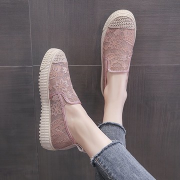 漁夫鞋女小香風2021年夏季新款蕾絲網面帆布鞋子懶人一腳蹬單鞋女