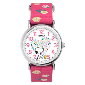 【TIMEX】天美時 x Peanuts  38毫米 史努比 擁抱愛 花卉帆布錶帶手錶(粉TXTW2W83100)