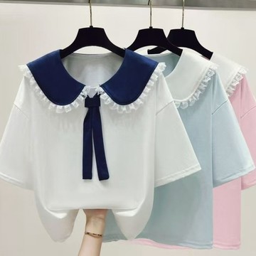 中大童短袖兒童T恤撞色蕾絲拼接娃娃領女夏季寬鬆上衣可愛學院風制服百搭素色薄款衣服