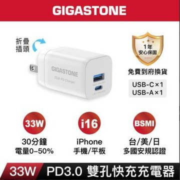 GIGASTONE Gigastone PD-6330W 33W PD QC 雙孔急速快充充電器 GJ52661