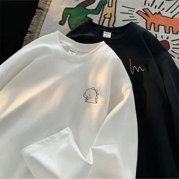 大碼港風長袖T恤男 上衣 T恤 打底衫 春秋季新款潮牌港風寬鬆ins百搭簡約情侶上衣打底衫 韓版男裝 秋冬男裝 保暖男裝