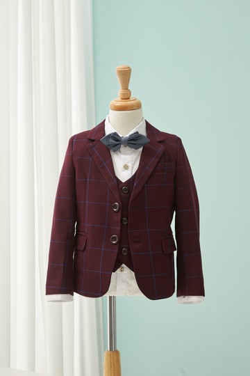 HAO.HAO kids 大方格紋西裝-藍格紋酒紅(三件組)