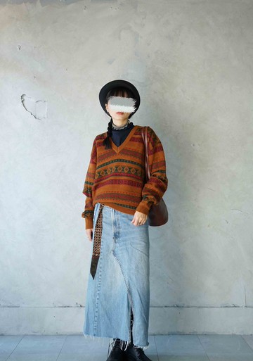 Restyle改造古著-Levis 505水洗藍不對稱開衩拼接牛仔長裙