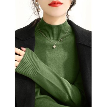 春季加厚綠色半高領針織打底衫毛衣女裝寬松高級感慵懶風內搭上衣