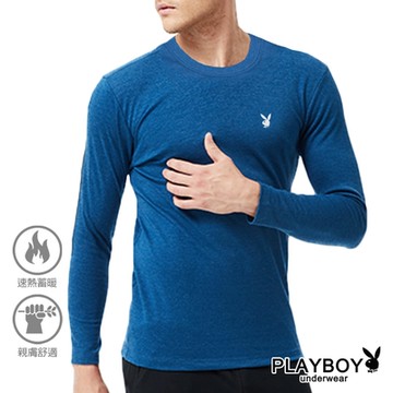 PLAYBOY內刷毛透氣棉絨保暖圓領長袖衫-單件(霧藍)