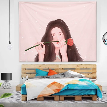 卡通少女背景布 ins風清新臥室裝飾墻布掛布租房床頭改造宿舍掛毯