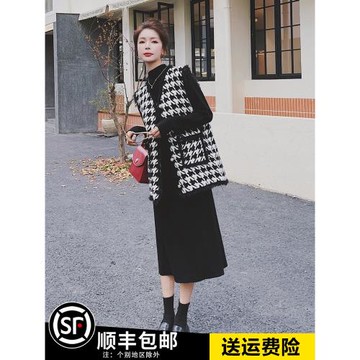 小香風馬甲配黑色連衣裙女早秋2025新款秋冬顯瘦針織長裙兩件套裝