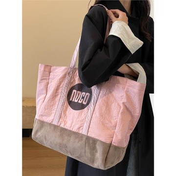 韓國ins慵懶風帆布包女大容量撞色托特單肩包學生購物袋休閑大包