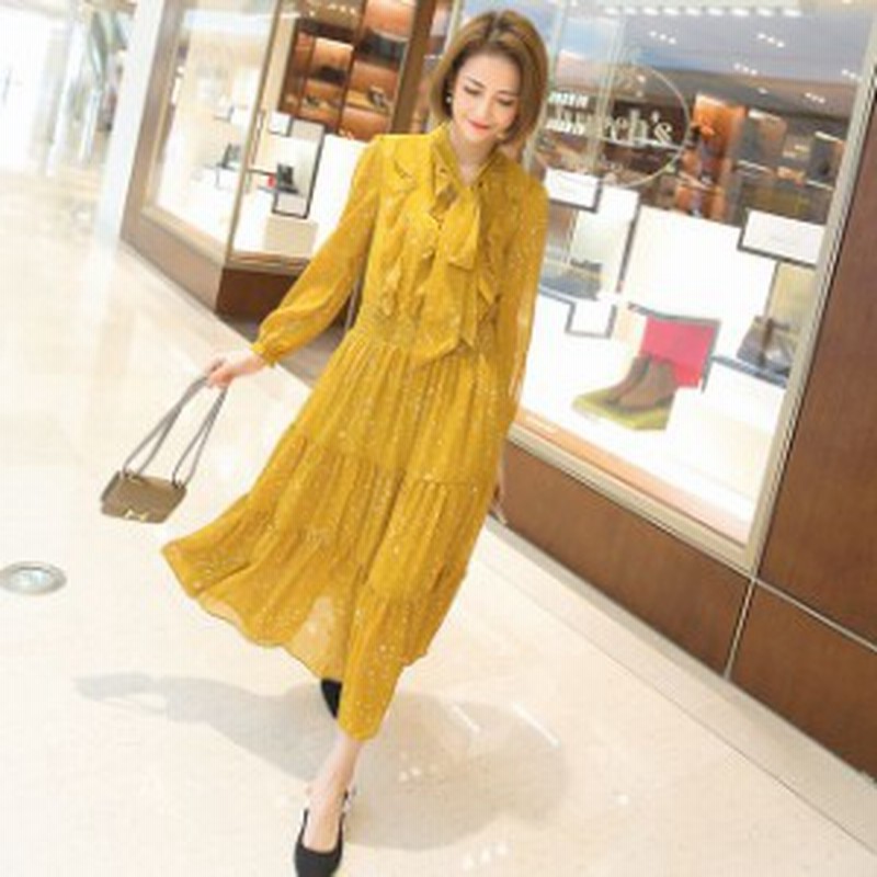 ワンピース ティアードワンピース ボウタイ 星柄 ミモレ丈 個性的 シフォン 長袖 韓国 フェミニン オールシーズン Mme3174 通販 Lineポイント最大1 0 Get Lineショッピング