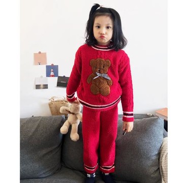 ins寶寶紅色家居服冬新款洋氣兒童女半邊絨加厚過年親子睡衣套裝