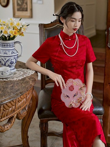 紅色 意歡 浮雕提花低開衩盤扣旗袍  復古改良中式新娘敬酒服禮服