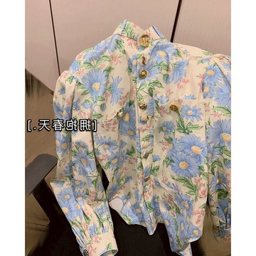 時髦ins風大牌設計感薄荷綠上衣港味復古泡泡袖碎花襯衫女潮外套