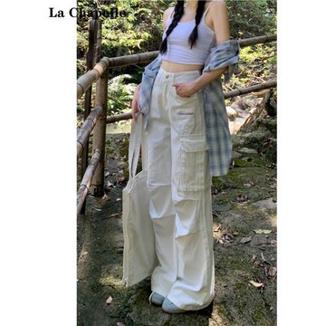 拉夏貝爾美式白色工裝褲女2025秋季多口袋褶皺設計寬松闊腿休閑褲