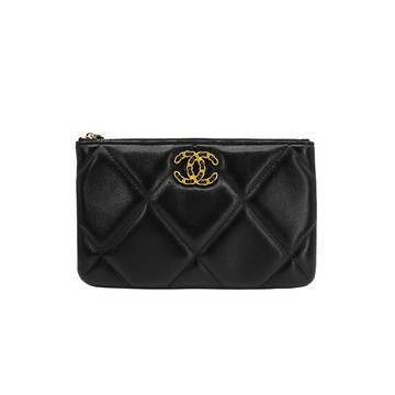 Chanel 展示品 19 皮穿鍊金雙C logo菱格羊皮手拿包(AP1059-黑)